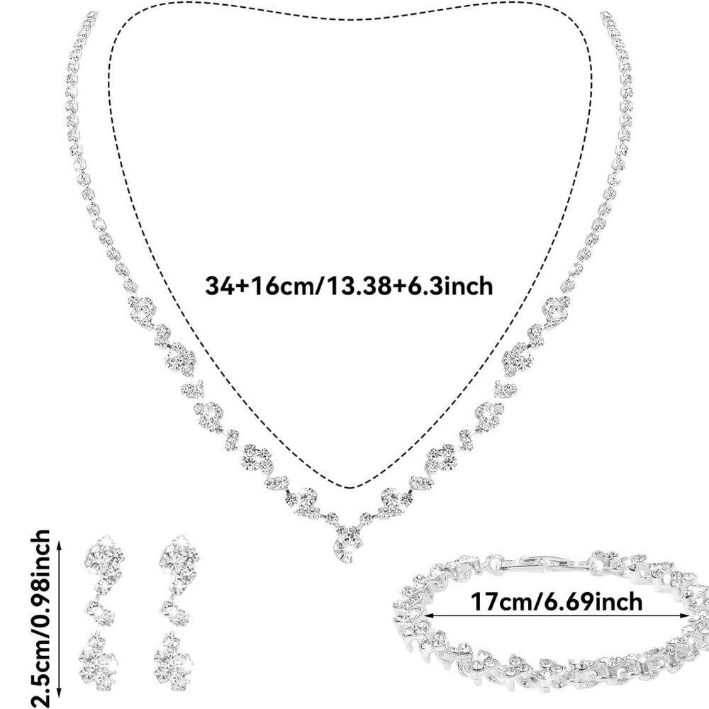 Bridal Jewelry Set for Wedding, Elegant Rhinestone Necklace Earrings Bracelet fo - Picture 2 of 7